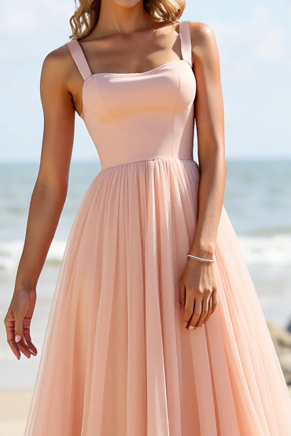 Blush Tulle A Line Square Neck Long Bridesmaid Dress - JUORTHO