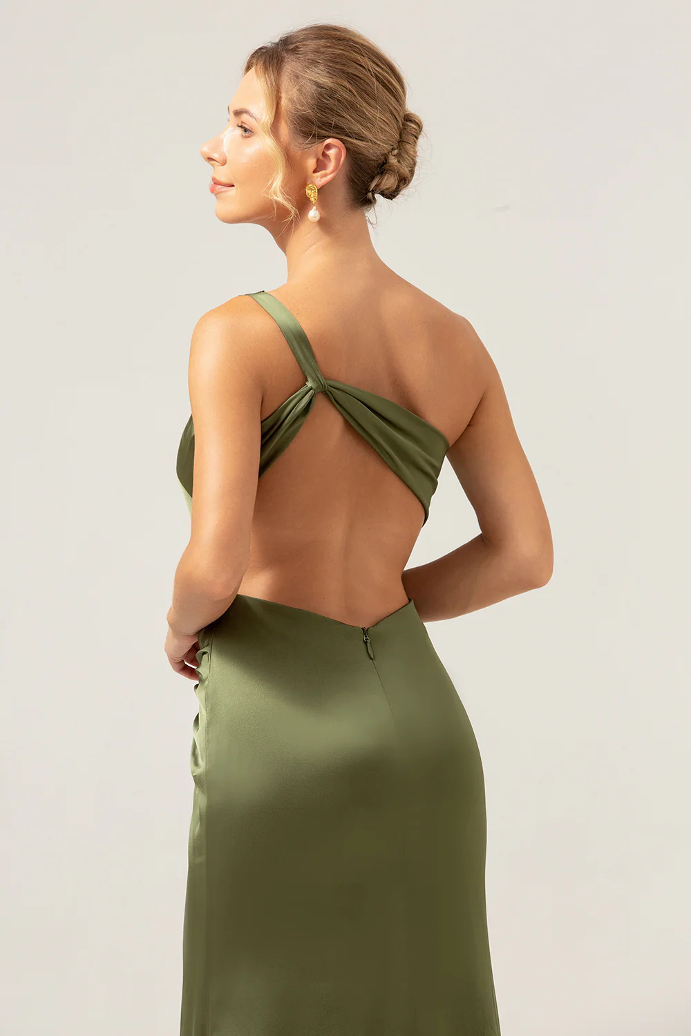 Olive One Shoulder Mermaid Satin Long Bridesmaid Dress with Slit - JUORTHO