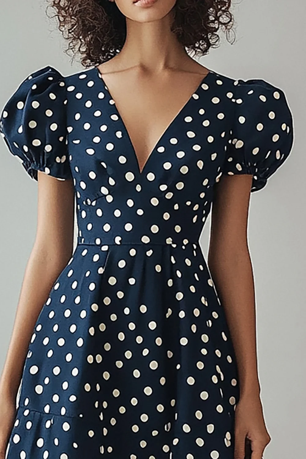 Satin A Line Navy and White Puff Sleeves Boho Maxi Polka Dot Dress - JUORTHO