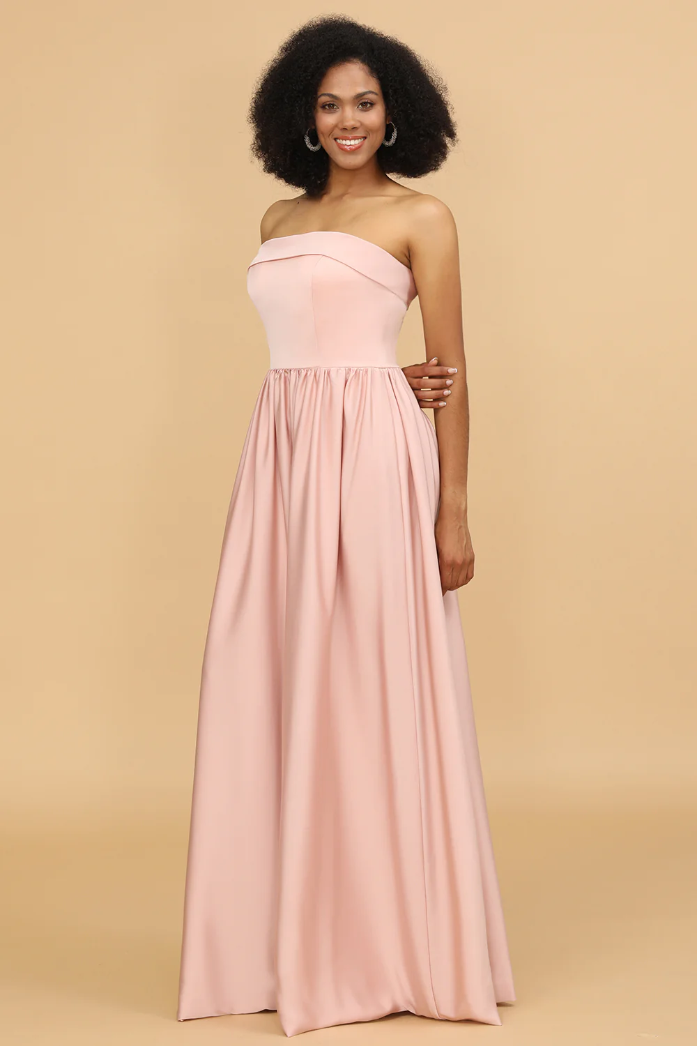 Off-the-Shoulder Floor-Length Satin Bridesmaid Dress With Pocket - JUORTHO