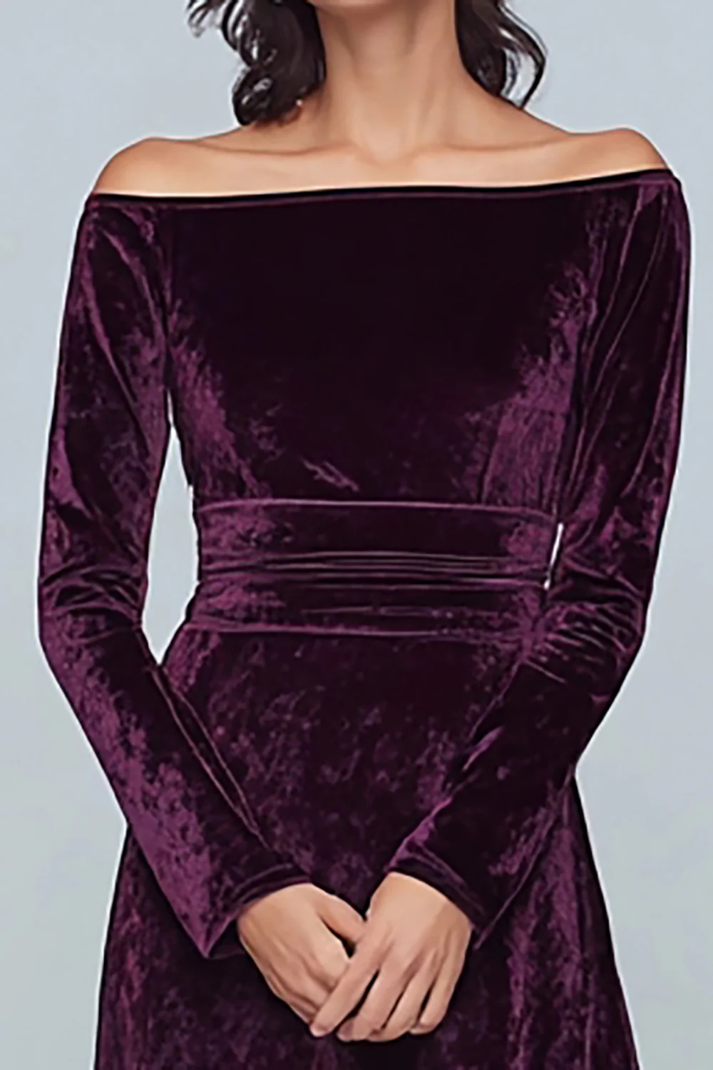 Plum Velvet A Line Long Holiday Party Dress with Sleeves - JUORTHO