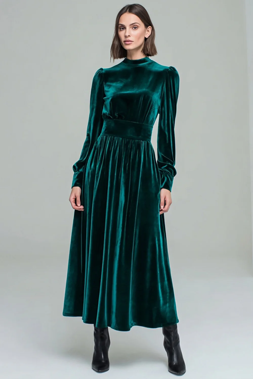 Peacock Green A Line Velvet Long Holiday Party Dress with Sleeves - JUORTHO