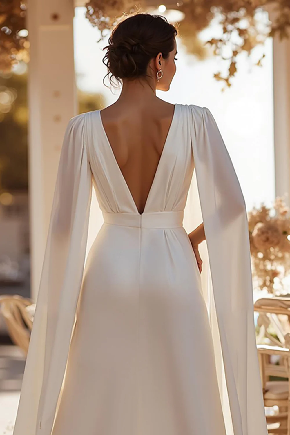 White Deep V-Neck Sweep Train Bridal Jumpsuits with Cape - JUORTHO
