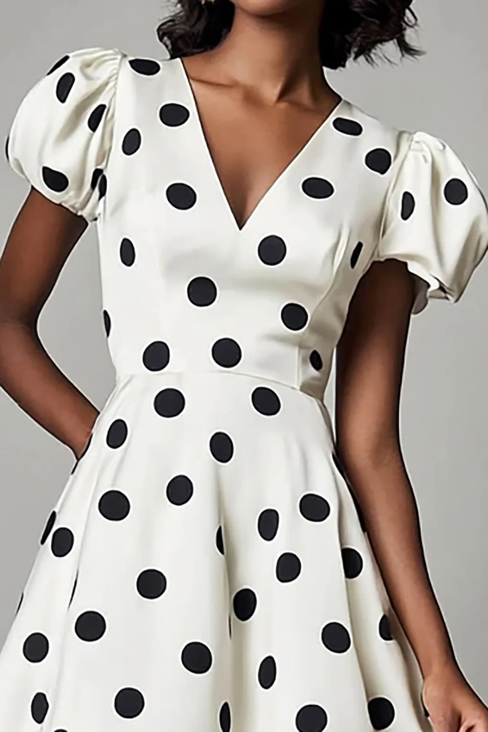 V-Neck Puff Sleeves Black and White Boho Short Satin Polka Dot Dress - JUORTHO