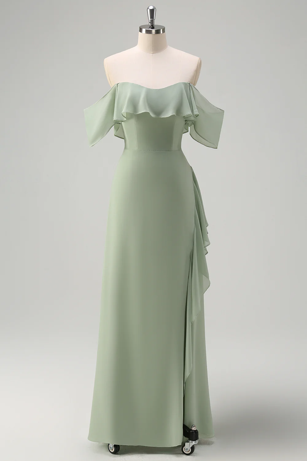 Light Green Off The Shoulder Chiffon Long Bridesmaid Dress - JUORTHO