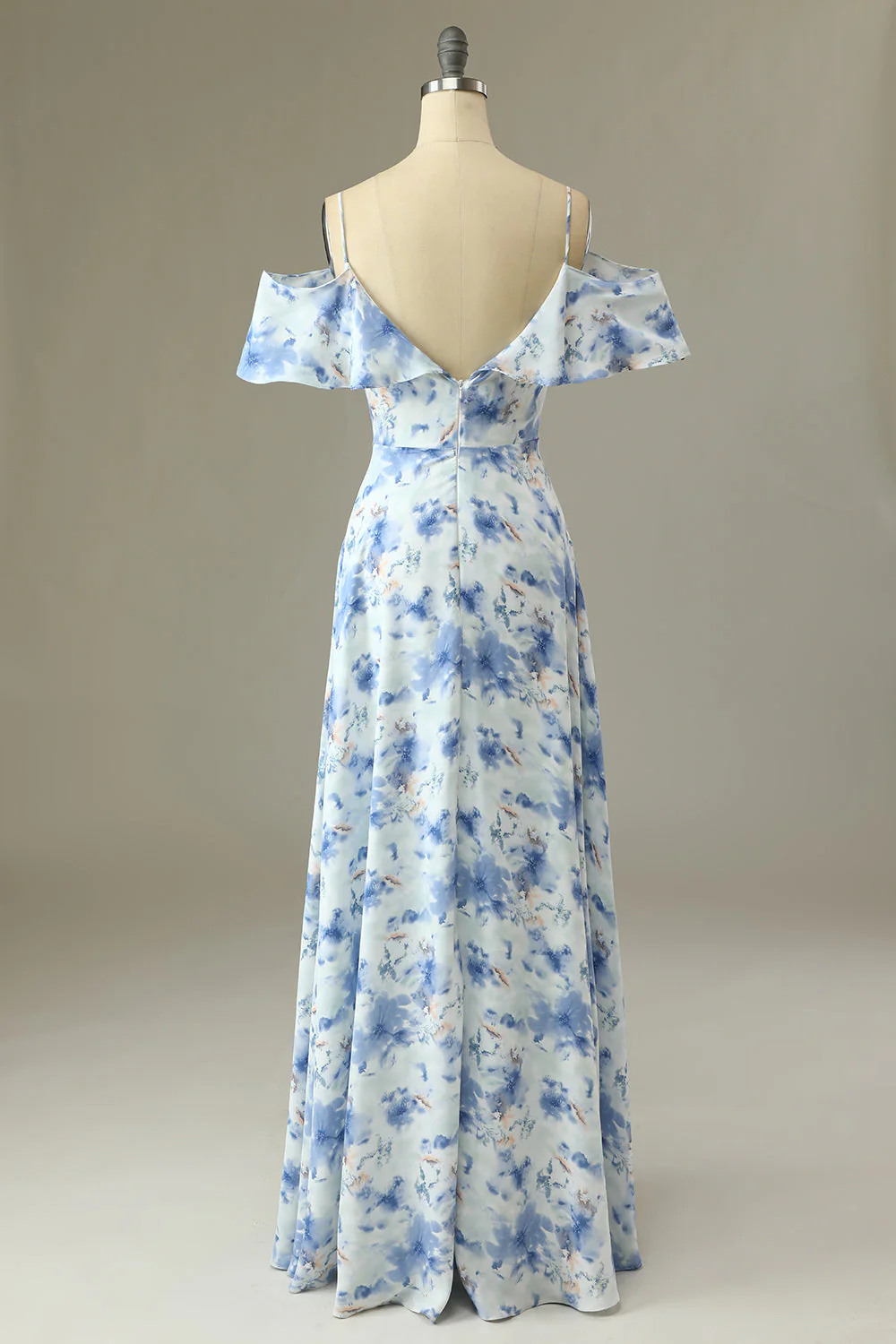 A Line Off the Shoulder Blue Floral Print Long Bridesmaid Dress - JUORTHO