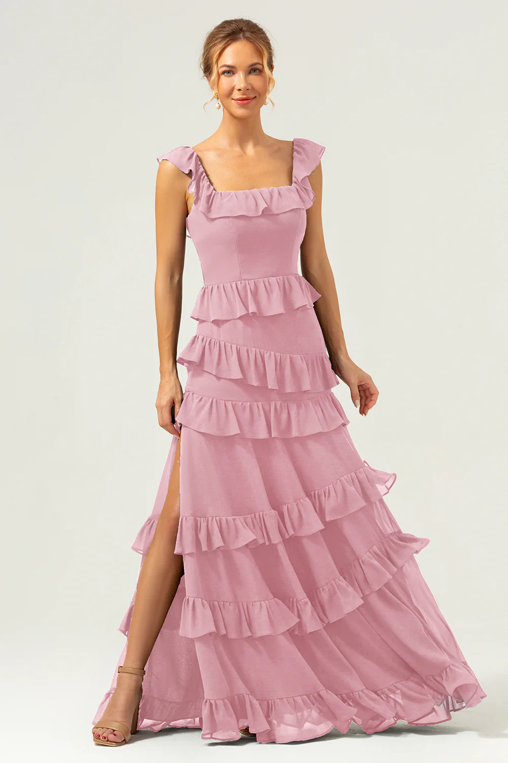 Dark Navy A-Line Tiered Chiffon Long Bridesmaid Dress - JUORTHO