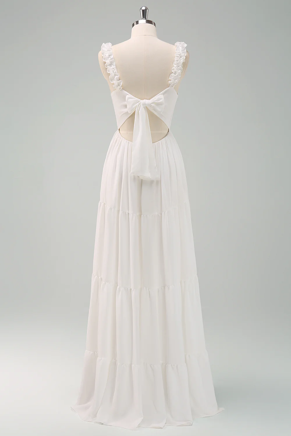 White A Line Ruffled Bride Dress with Bow - JUORTHO