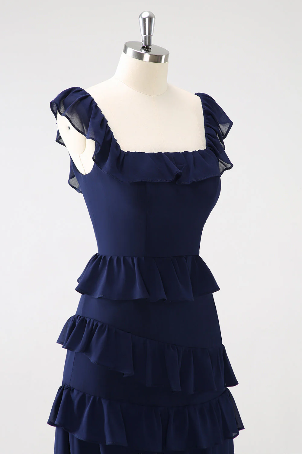 Dark Navy A-Line Tiered Chiffon Long Bridesmaid Dress - JUORTHO