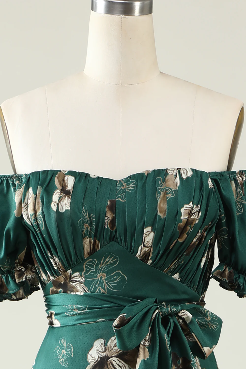 A Line Off the Shoulder Dark Green Printed Bridesmaid Dress - JUORTHO