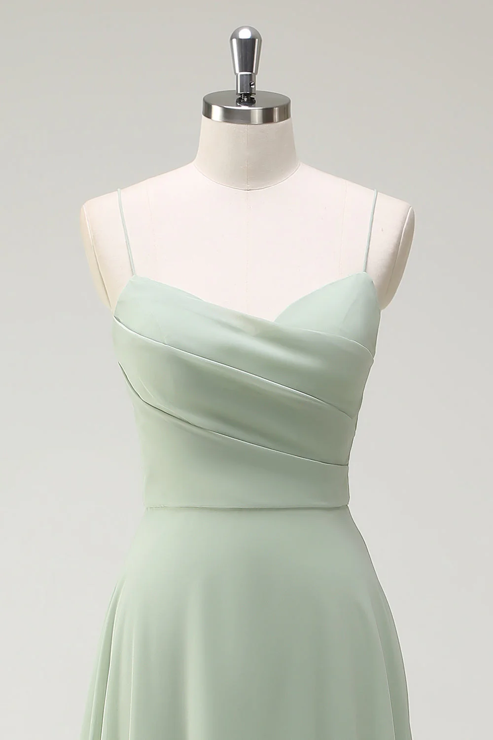 Dusty Sage A Line Chiffon Spaghetti Straps Long Bridesmaid Dress - JUORTHO