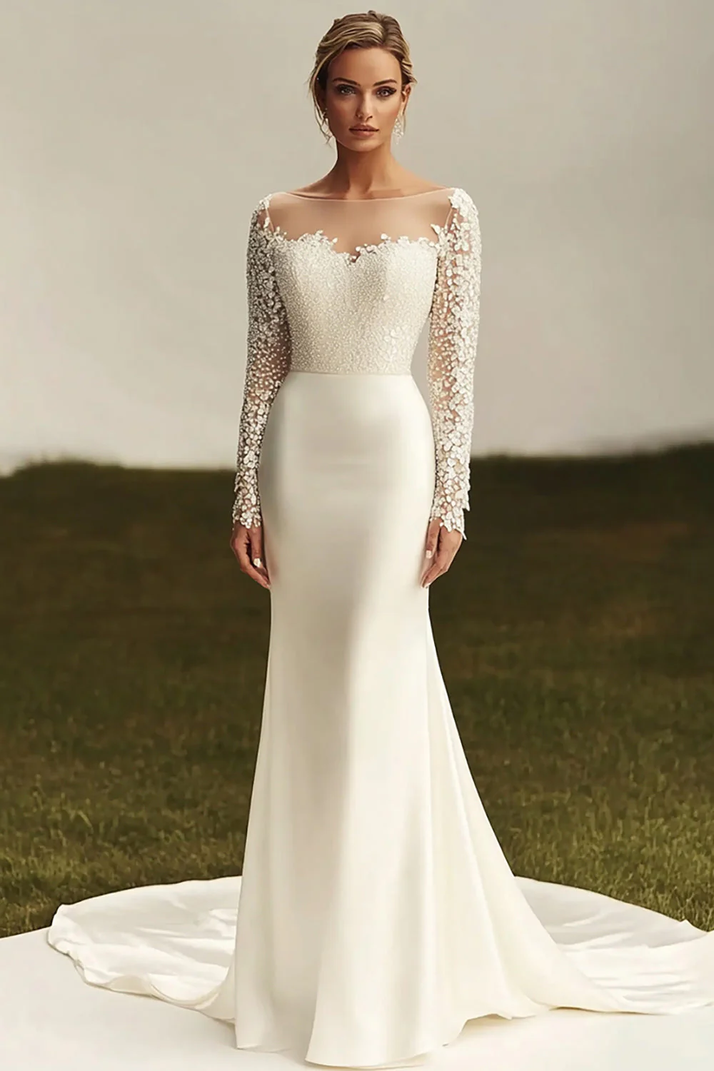 Ivory Sheath Satin Long Sleeve Lace Wedding Dress with Train - JUORTHO