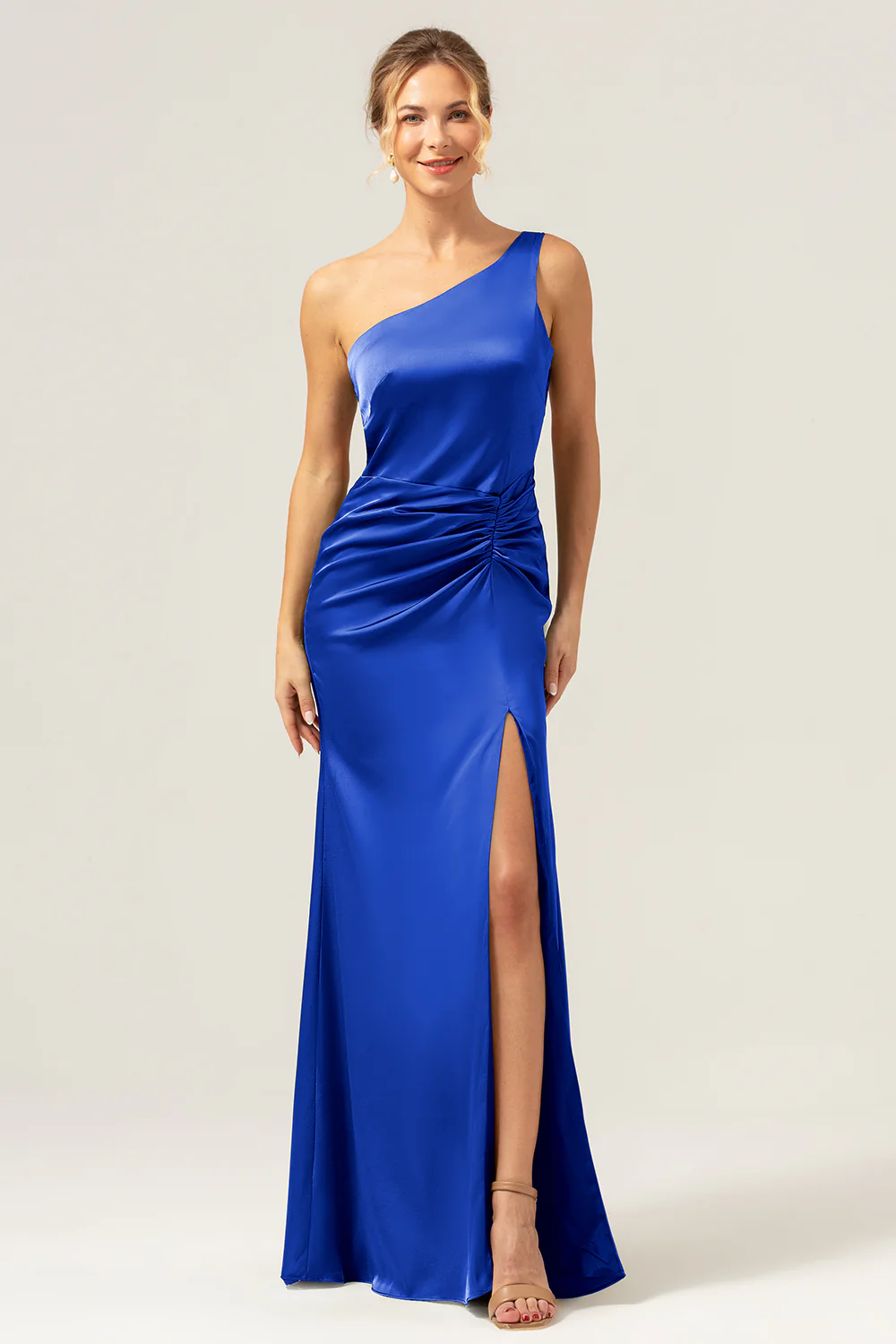 Olive One Shoulder Mermaid Satin Long Bridesmaid Dress with Slit - JUORTHO