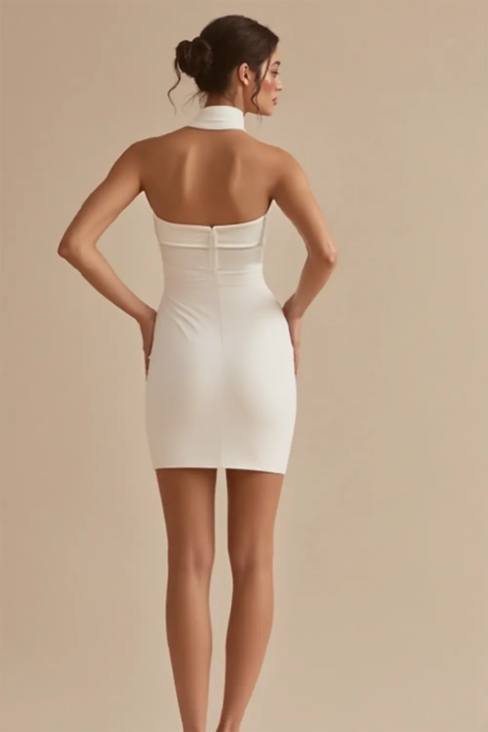Halter Neck Bodycon Satin Short Little White Dress - JUORTHO