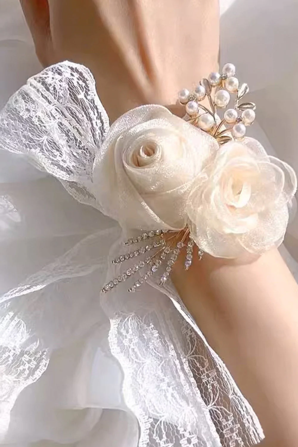 Champagne Pearl Prom Wrist Corsage for Wedding - JUORTHO