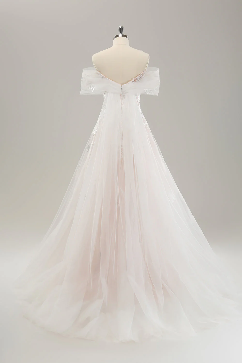 White Off the Shoulder A Line Tulle Bridal Dress with Embroidery - JUORTHO