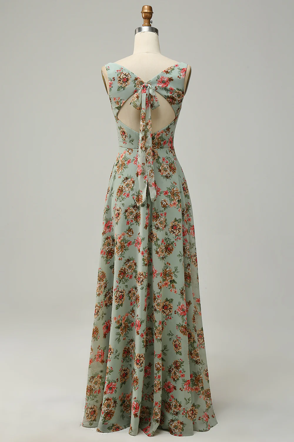 A Line Square Neck Green Floral Long Bridesmaid Dress with Open Back - JUORTHO