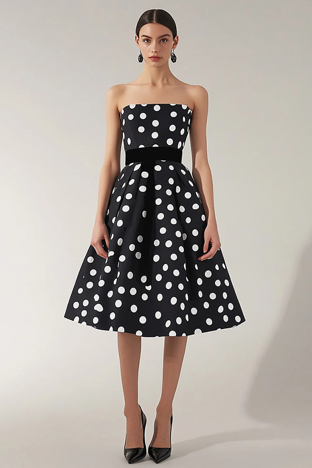 Strapless A Line Black and White Satin Midi Polka Dot Dress - JUORTHO