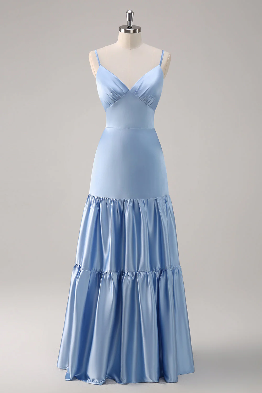 Sky Blue A-Line Spaghetti Straps Satin Long Bridesmaid Dress - JUORTHO