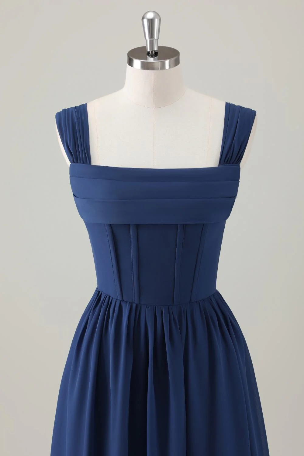 Dark Blue A-Line Square Neck Corset Long Bridesmaid Dress with Lace Up Back - JUORTHO
