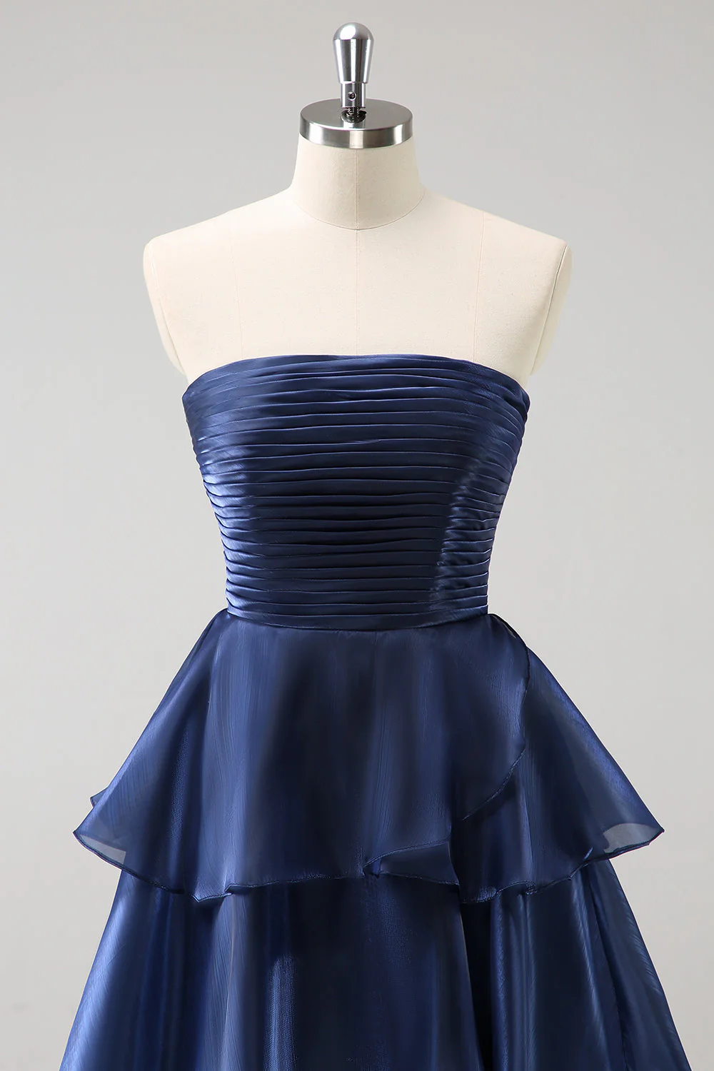 Dark Navy A Line Strapless Tiered Satin Long Bridesmaid Dress - JUORTHO