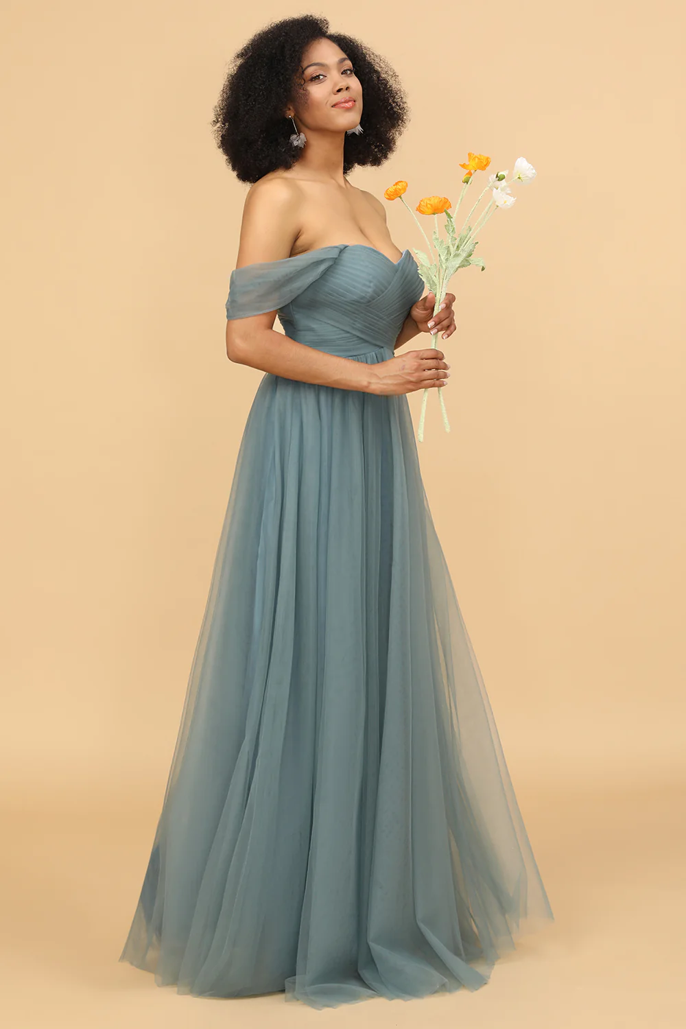 Off The Shoulder Grey Blue Long Bridesmaid Dress - JUORTHO