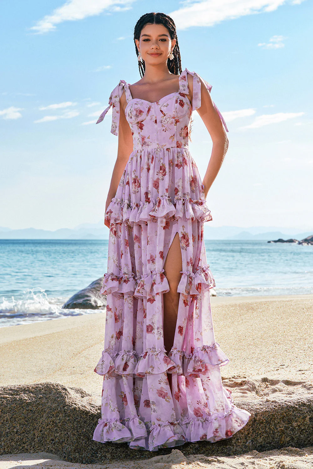 Grey Purple A-Line Tiered Print Floral Bridesmaid Dress with Ruffle Slit - JUORTHO