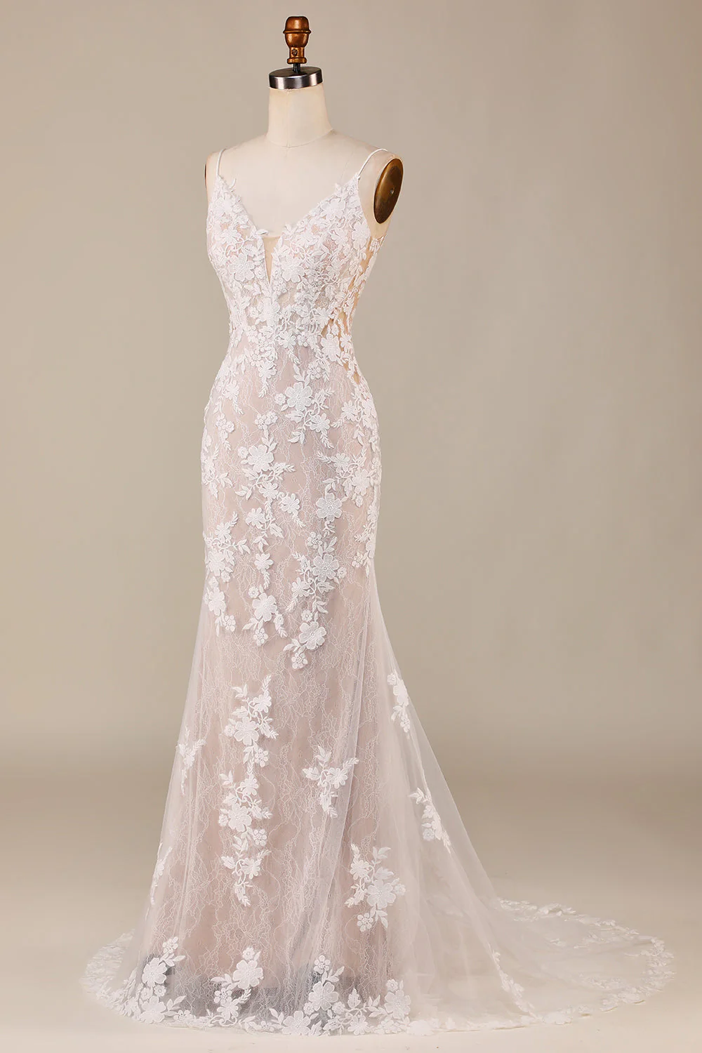 Charming Mermaid Spaghetti Straps Ivory Long Bridal Dress with Lace - JUORTHO