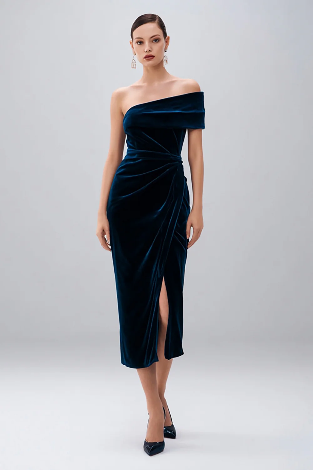 Navy Velvet Sheath Midi Holiday Party Dress with Slit - JUORTHO