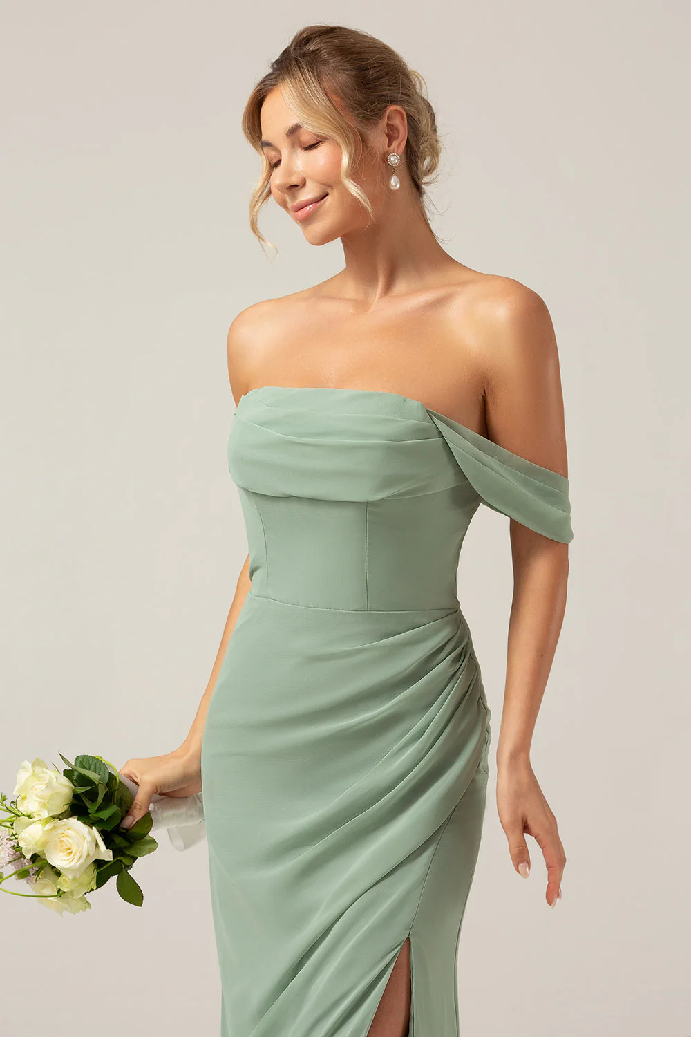 Off the Shoulder Sheath Chiffon Pleated Dusty Sage Bridesmaid Dress - JUORTHO