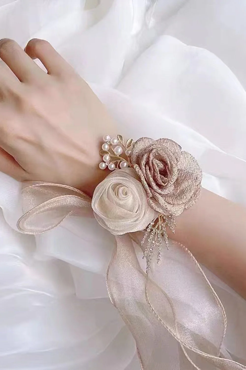 Champagne Two Flowers Wrist Corsage with Ribbon - JUORTHO