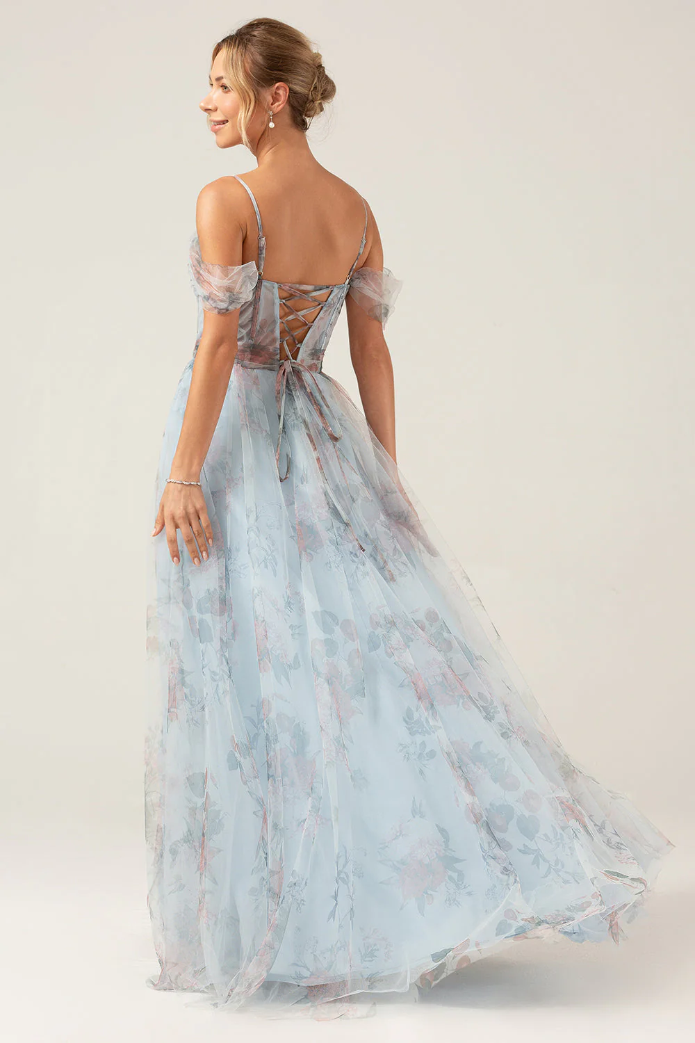 Cold Shoulder A-Line Blue Printed Long Corset Prom Dress with Slit - JUORTHO