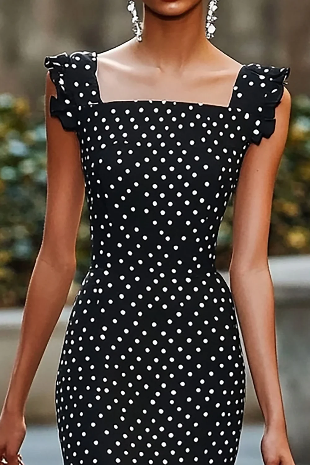 Chiffon Mermaid Boho Black and White Maxi Polka Dot Dress with Ruffles - JUORTHO