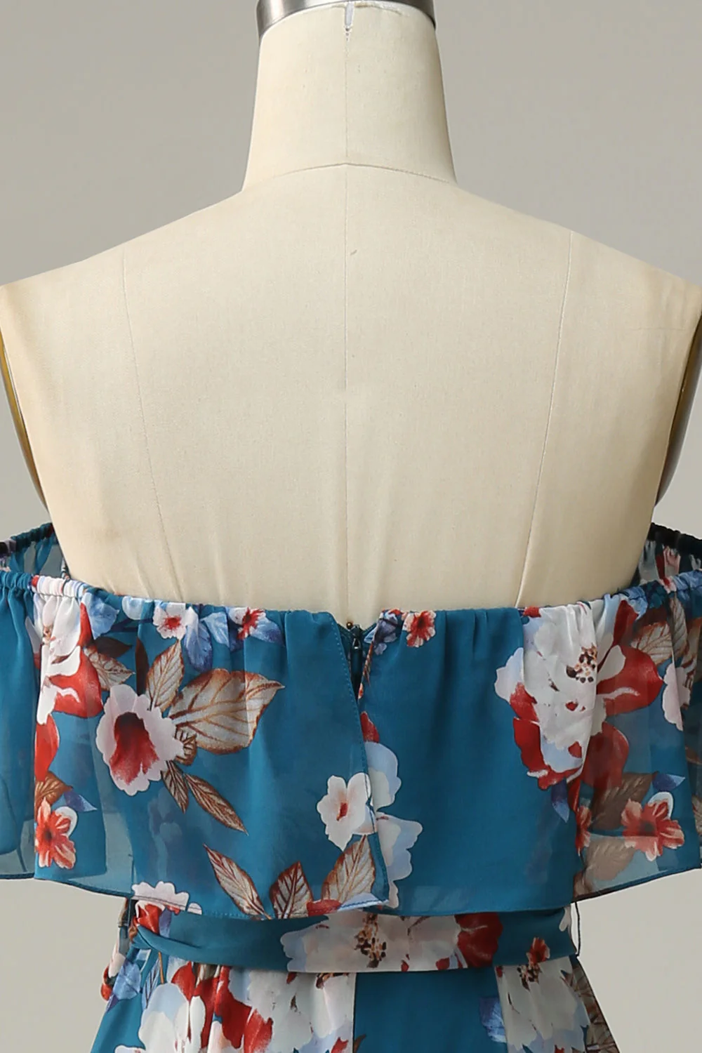 Dark Blue Floral Boho Chiffon Long Bridesmaid Dress - JUORTHO