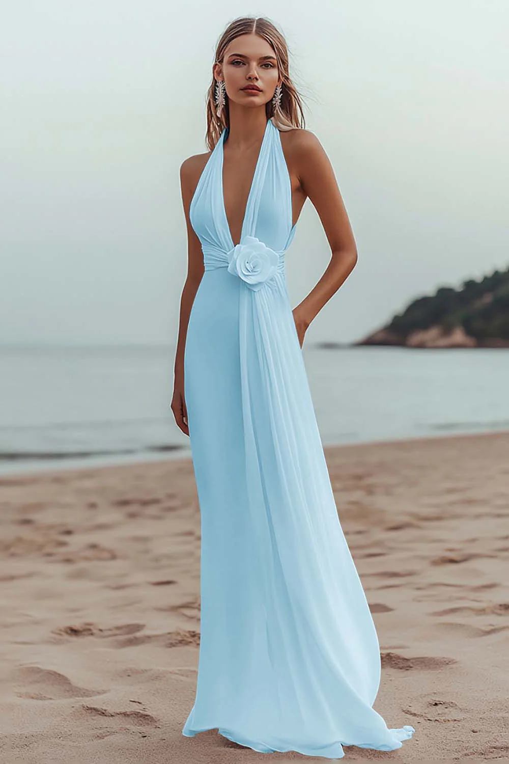 White A Line Deep V-Neck Long Engagement Dress - JUORTHO