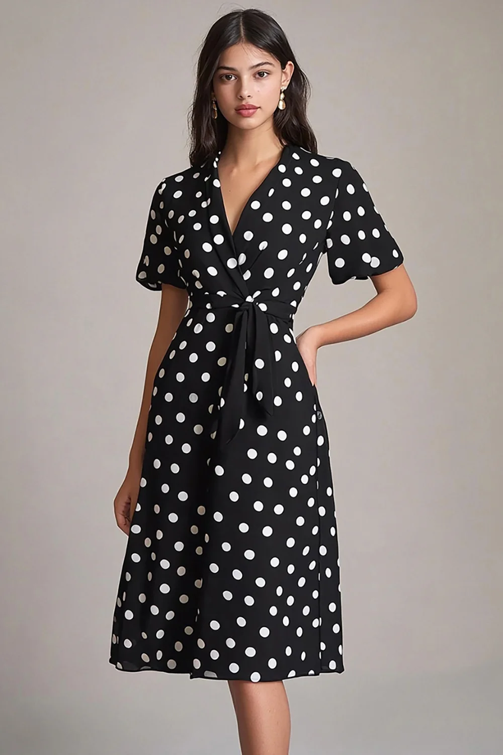 Satin Black and White Midi A Line Polka Dot Dress with Sleeves - JUORTHO