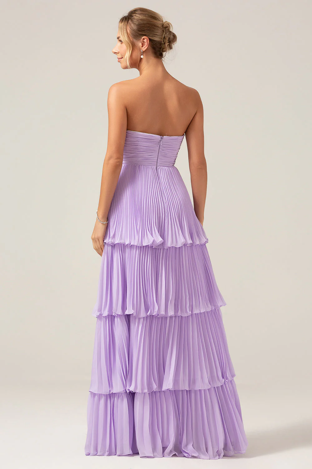 A-Line Sweetheart Tiered Chiffon Long Lilac Bridesmaid Dress with Pleated - JUORTHO