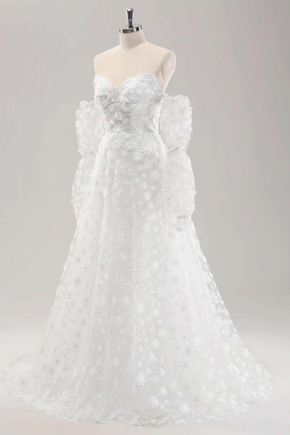 White A Line Sweetheart Applique Lace Wedding Dress with Detachable Sleeves - JUORTHO