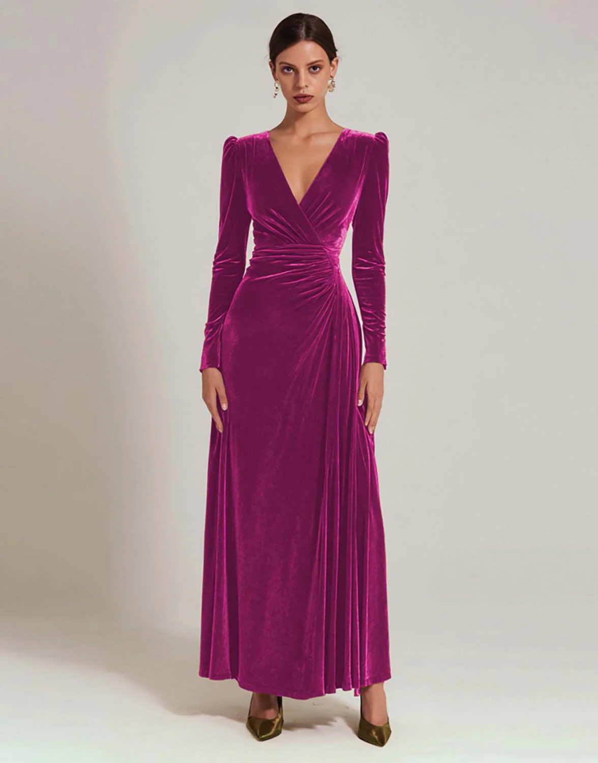Olive Velvet A Line V-Neck Long Holiday Party Dress with Sleeves - JUORTHO