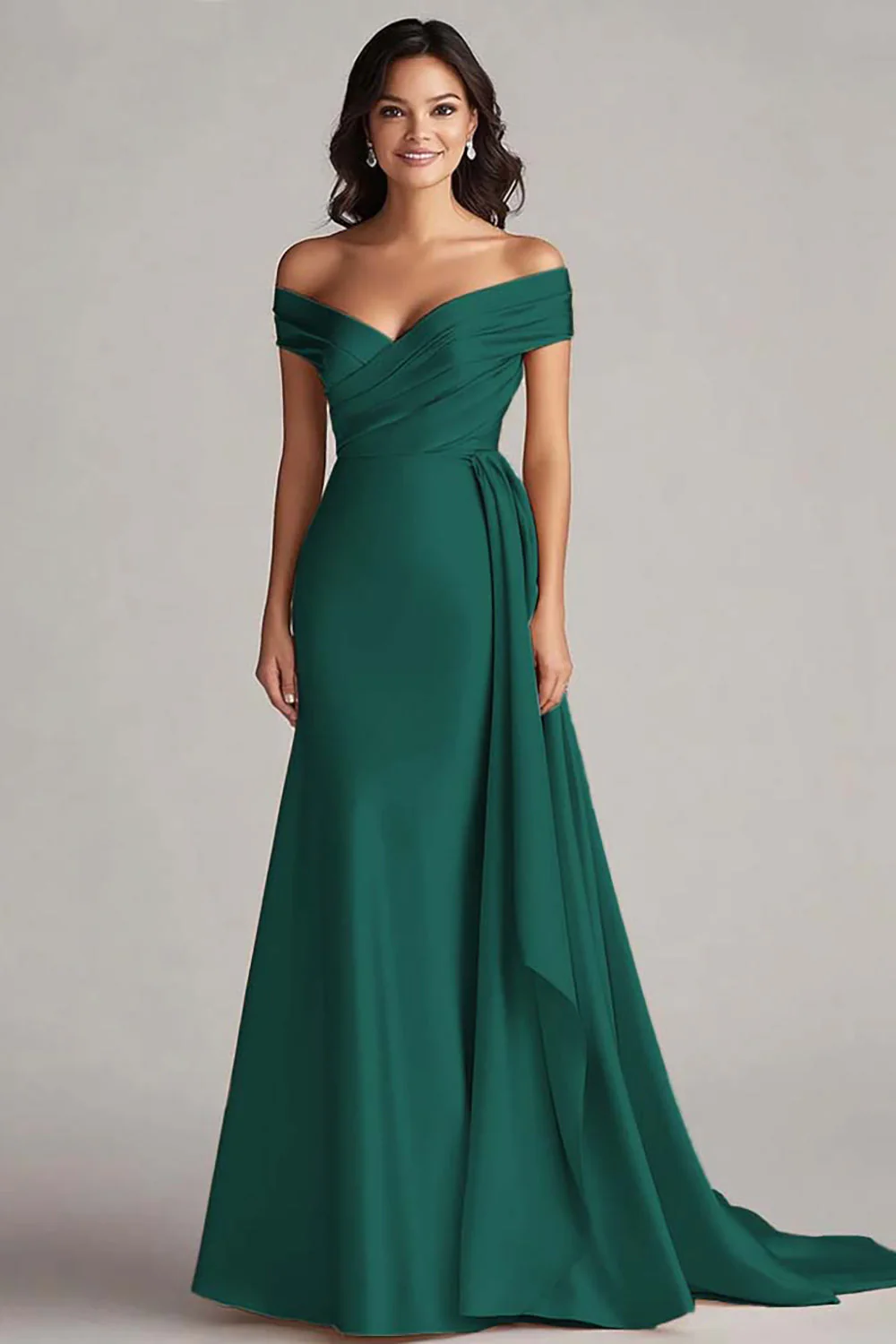 Champagne Satin Off the Shoulder Mermaid Long Formal Dress - JUORTHO