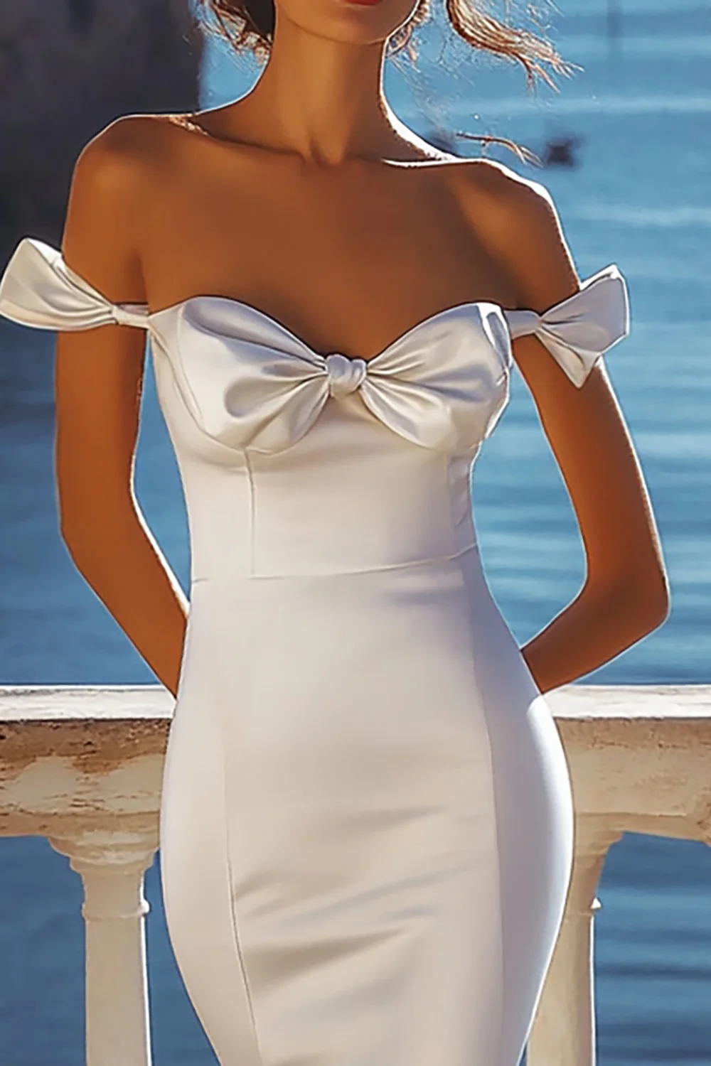 Satin White Bowknot Long Graduation Dress with Slit - JUORTHO