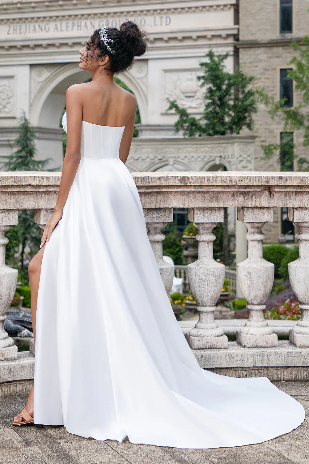 Elegant White A Line Strapless Pleated Sweep Train Corset Wedding Dress With Slit - JUORTHO