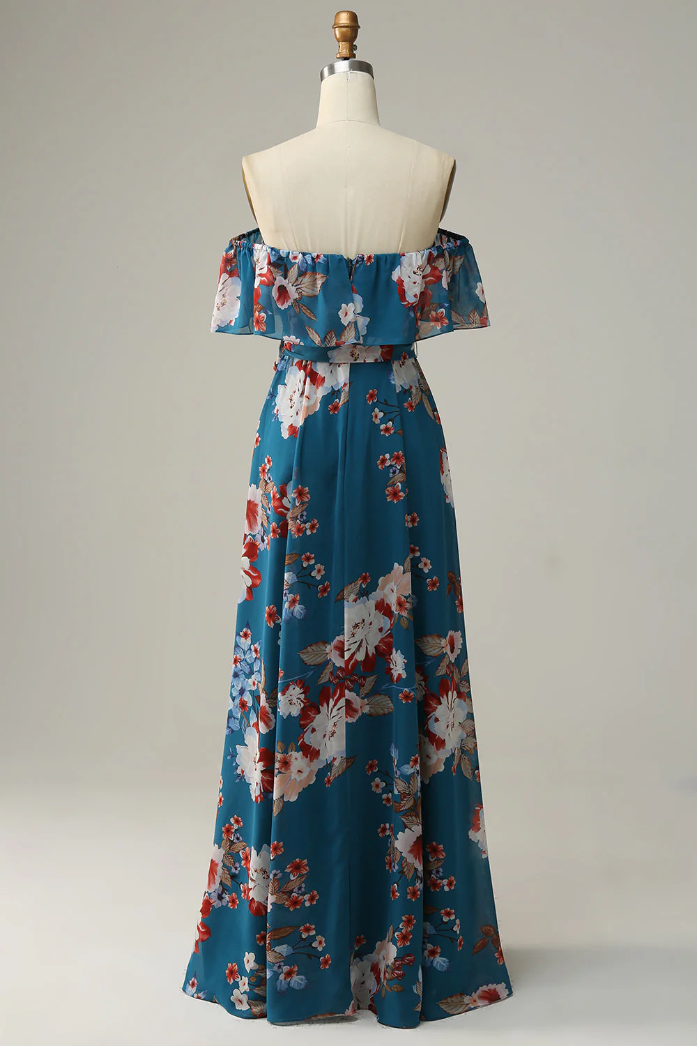 Dark Blue Floral Boho Chiffon Long Bridesmaid Dress - JUORTHO