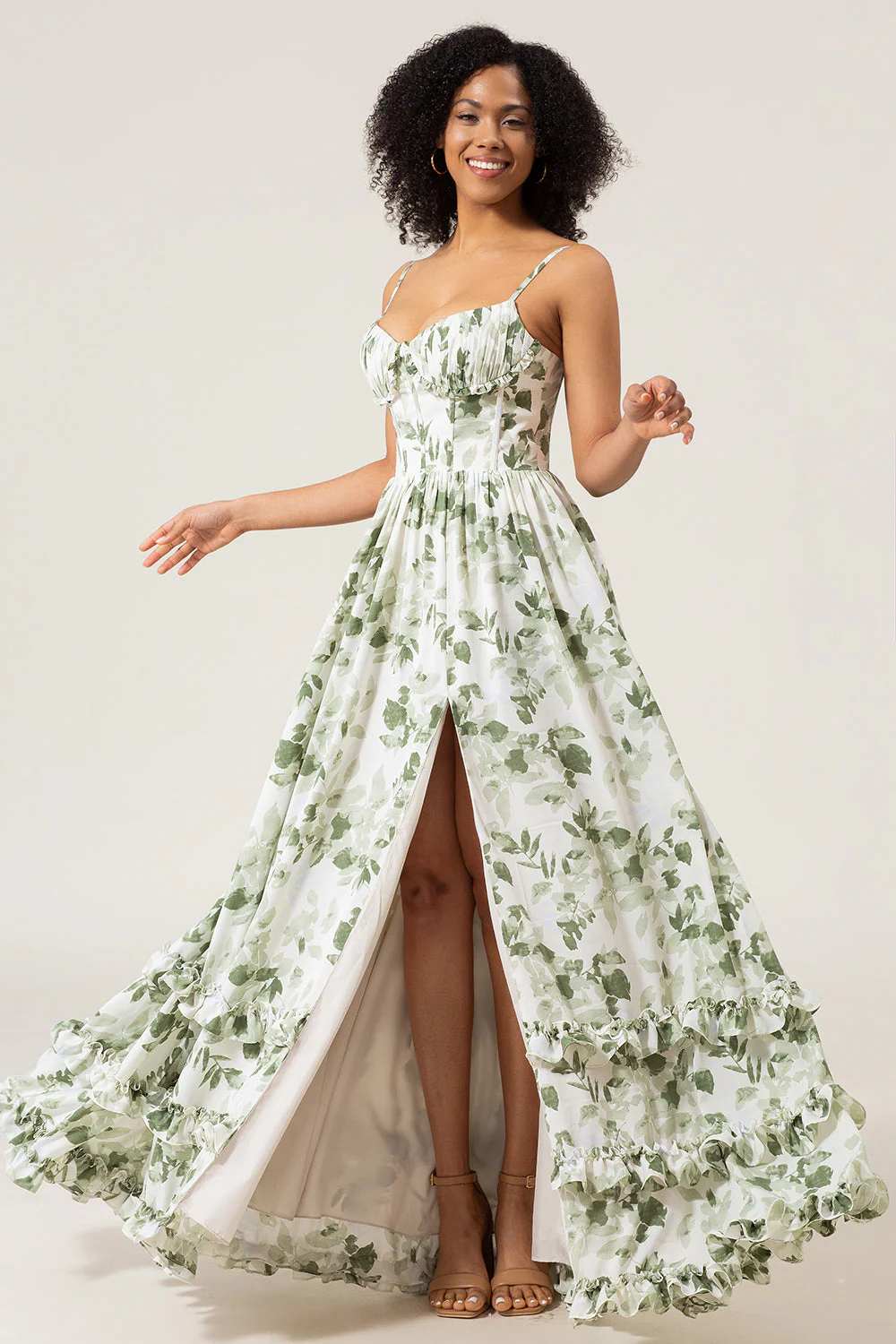 A-Line Spaghetti Straps Green Printed Long Prom Dress With Slit - JUORTHO