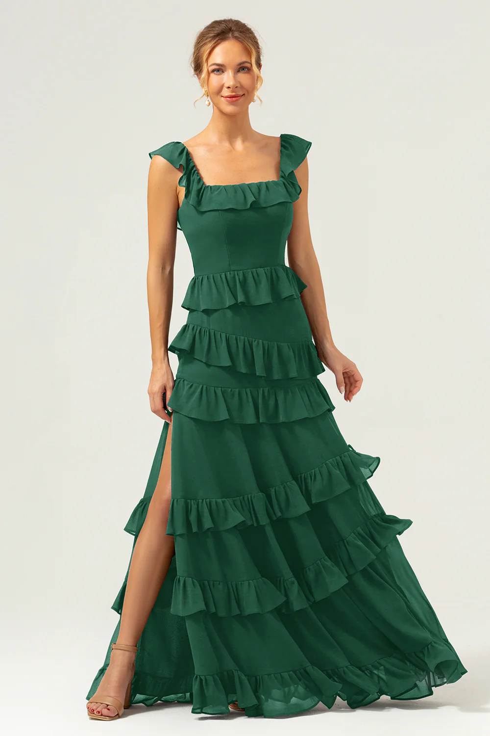 Dark Navy A-Line Tiered Chiffon Long Bridesmaid Dress - JUORTHO