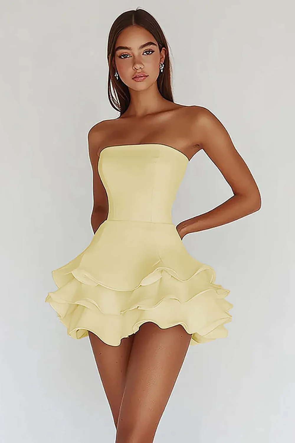 Satin White A Line Strapless Graduation Homecoming Dress with Ruffles - JUORTHO