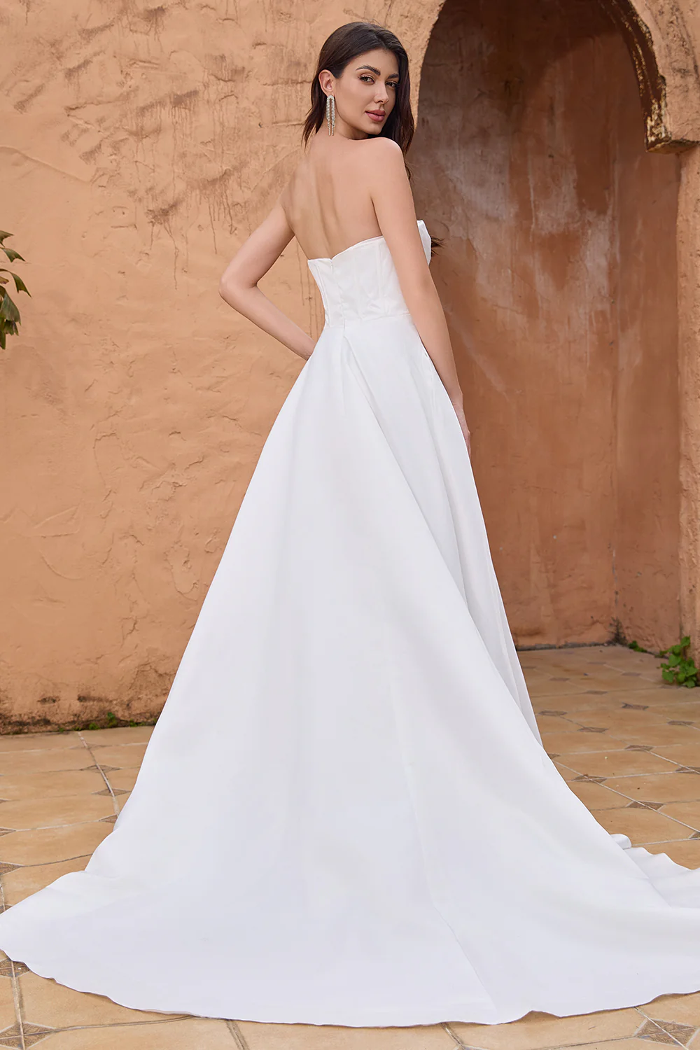 Elegant White A Line Strapless Pleated Corset Wedding Dress With Slit - JUORTHO