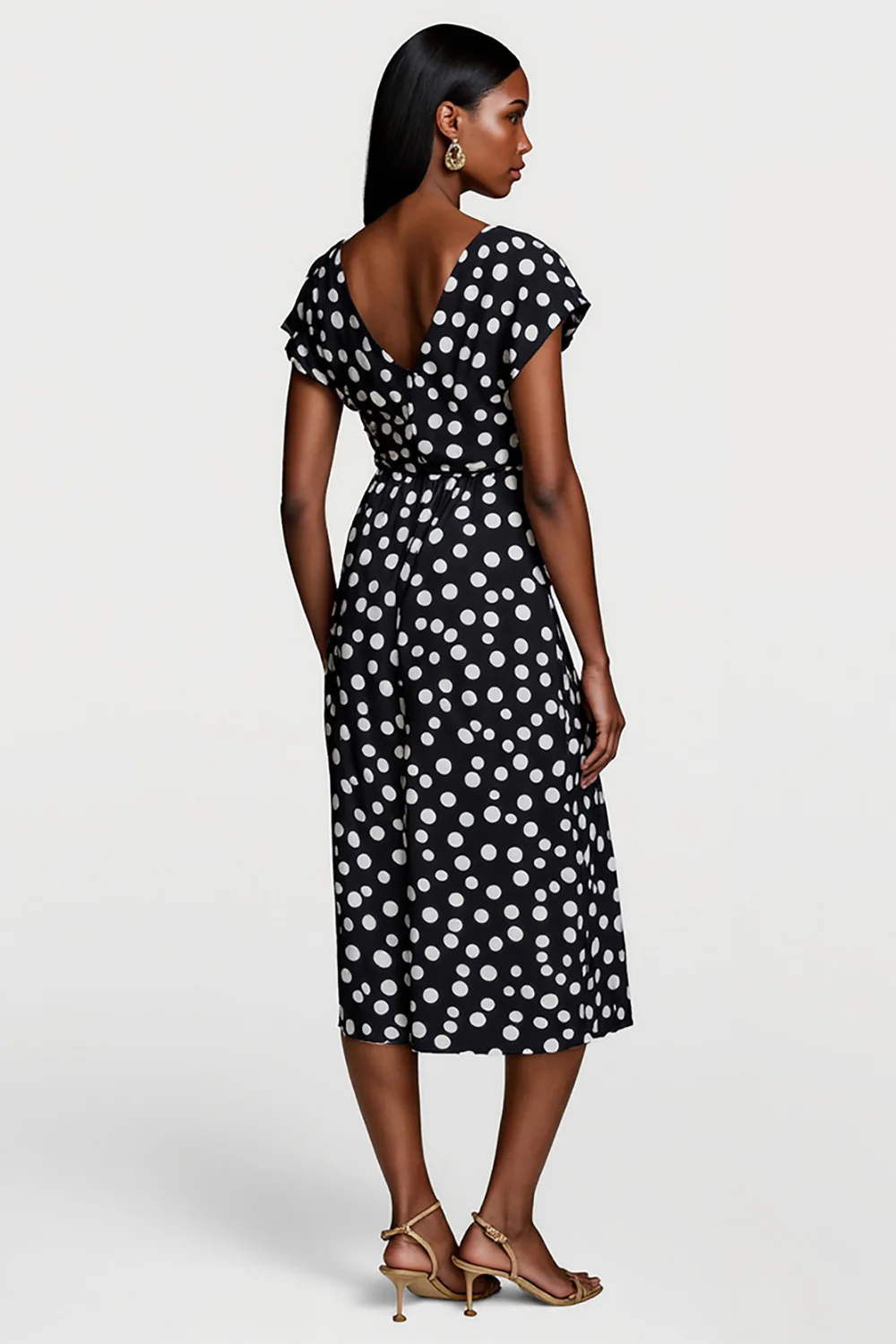Black and White Polka Dots V-Neck Short Sleeves Maxi Work Dress - JUORTHO