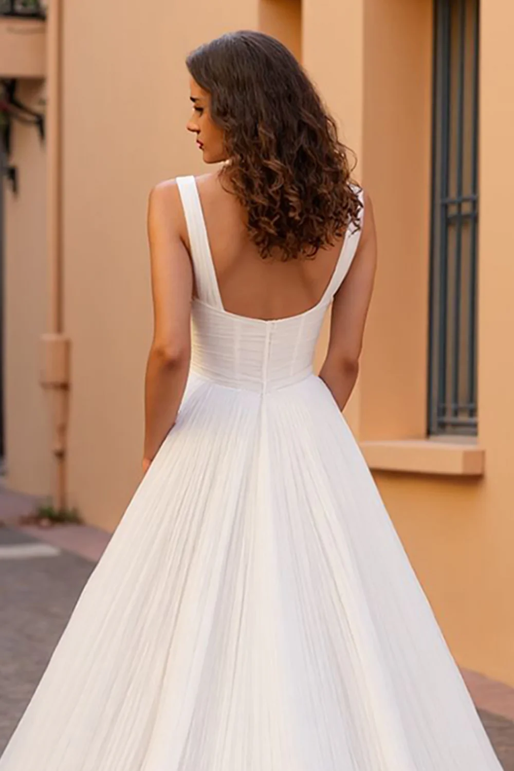 Ivory A Line Tulle Square Neck Sweep Train Wedding Dress - JUORTHO