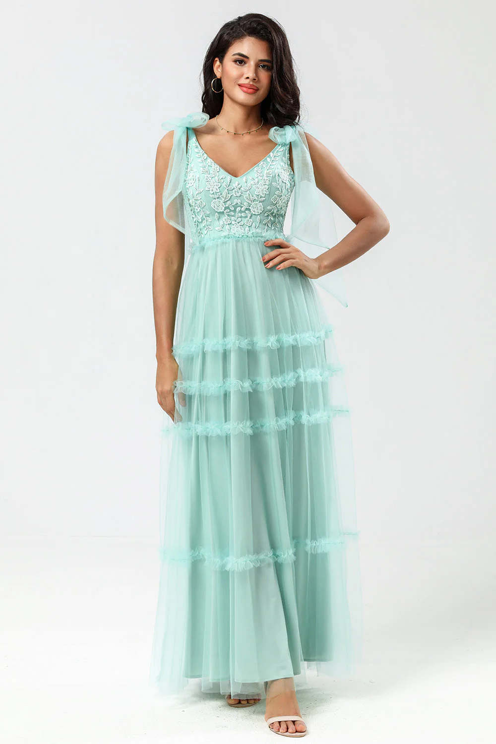 Keeper of My Heart A-Line V Neck Dusty Pink Long Bridesmaid Dress with Beading - JUORTHO